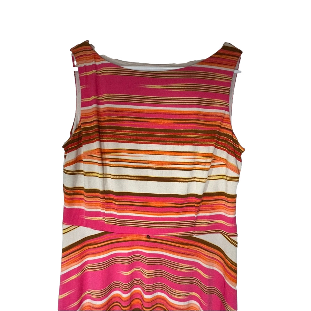 Vintage Evan Picone Red Pink Striped Midi Fit and Flare Dress Womens Size 10